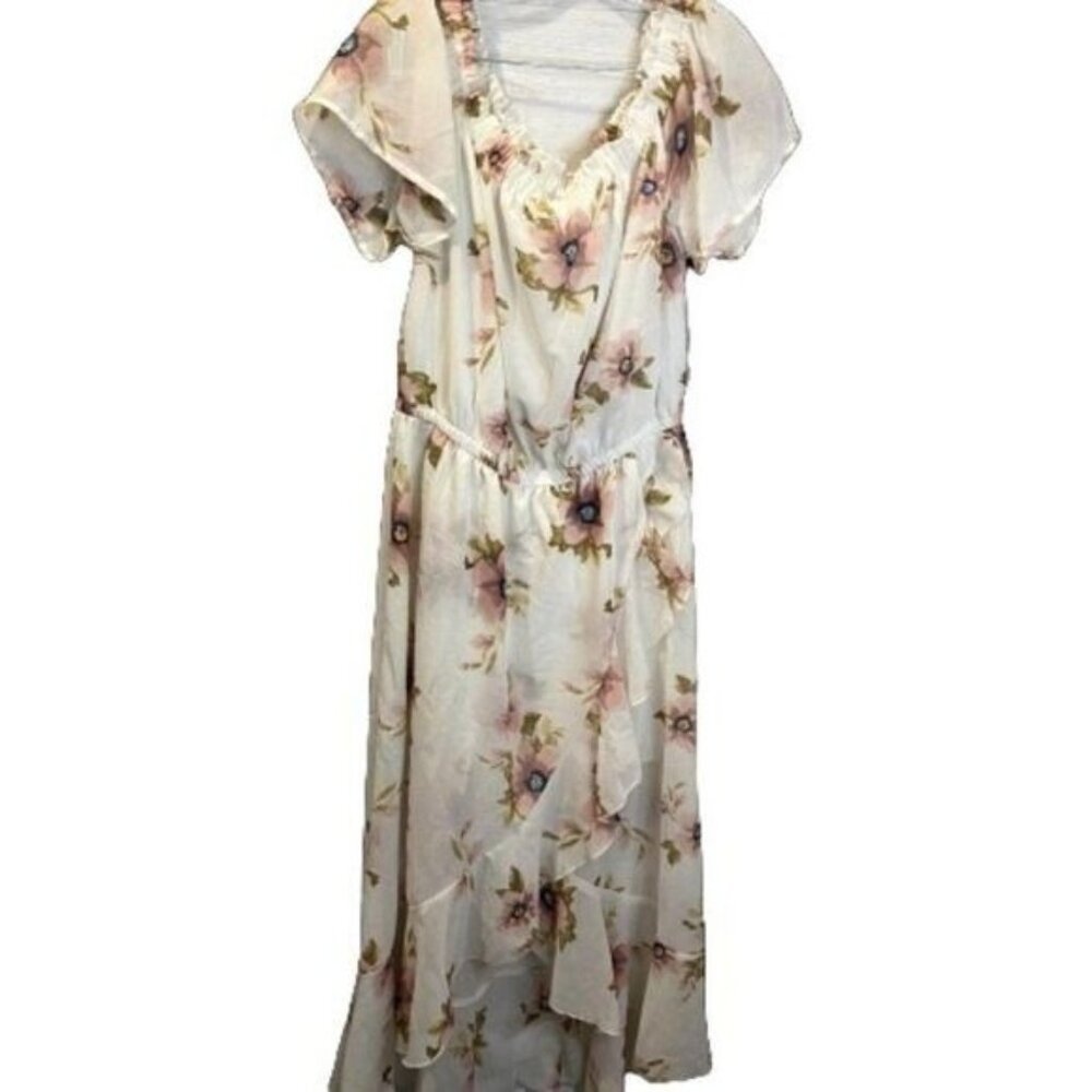 Blush Floral Flutter Sleeve Asymmetrical Ruffle‎ Off Shoulder Women's Dress